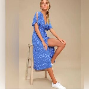 Lulus bright blue and white midi wrap dress size XS